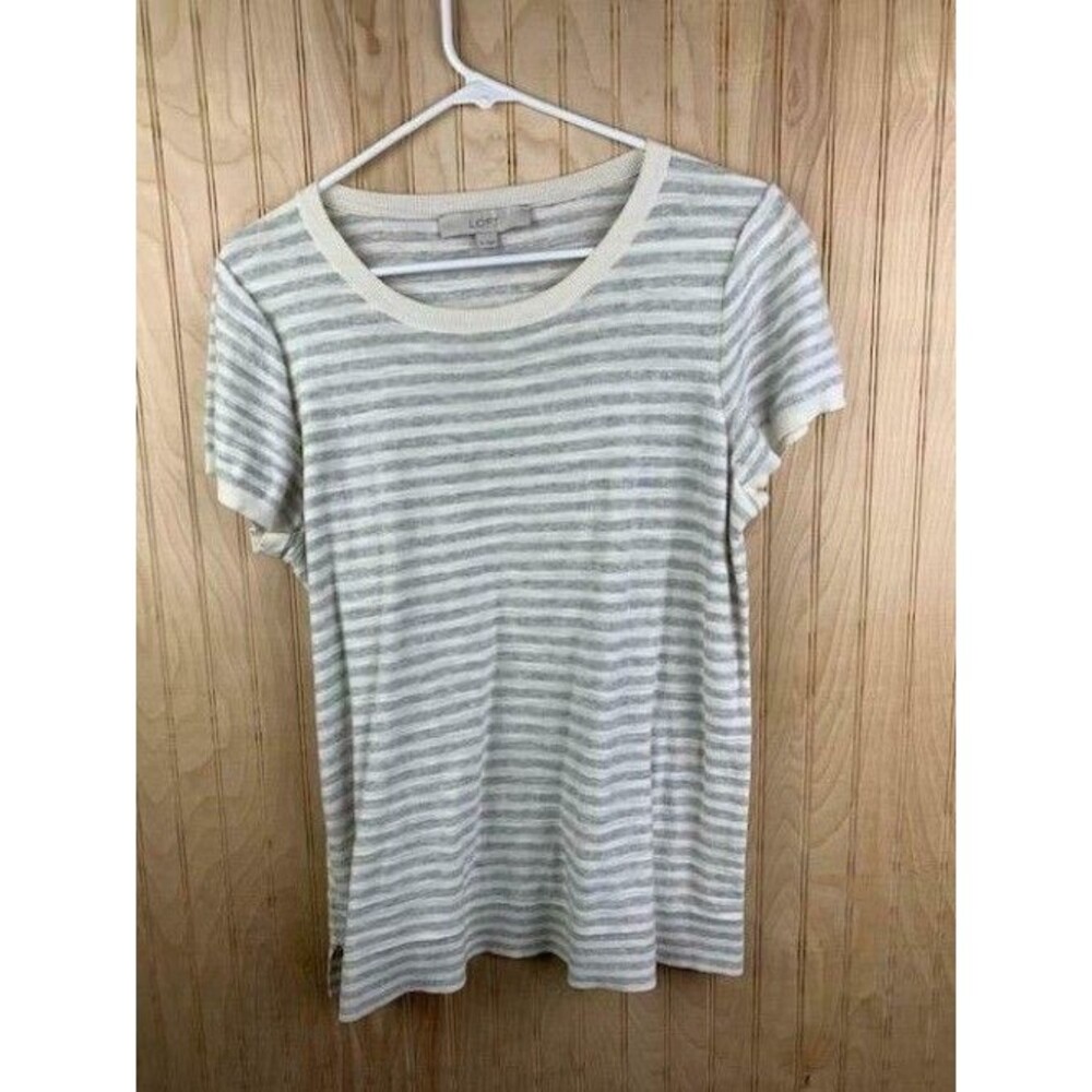 Loft Womens Size S Striped Top Short Sleeve Gray White